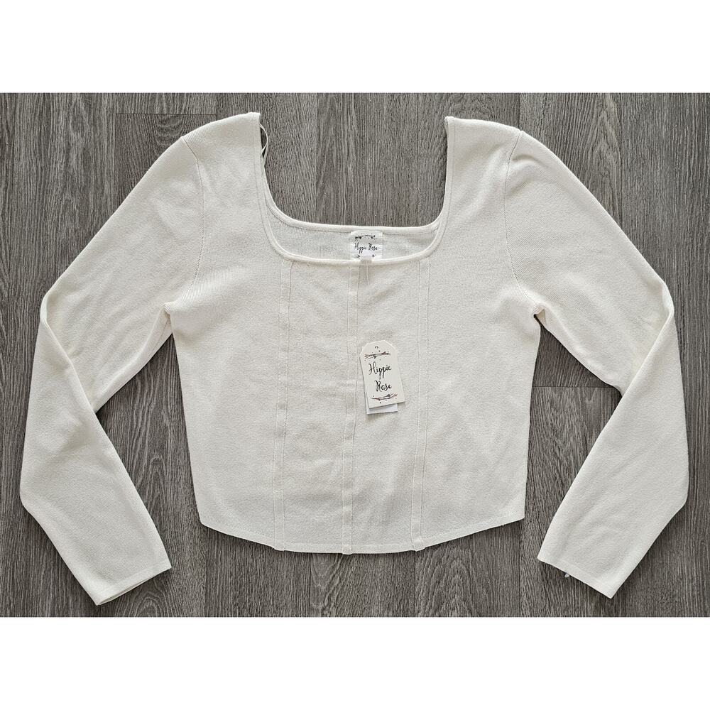 NWT Y2K Longsleeve Crop Top Sweater Womens JUNIOR XL Cream Beige